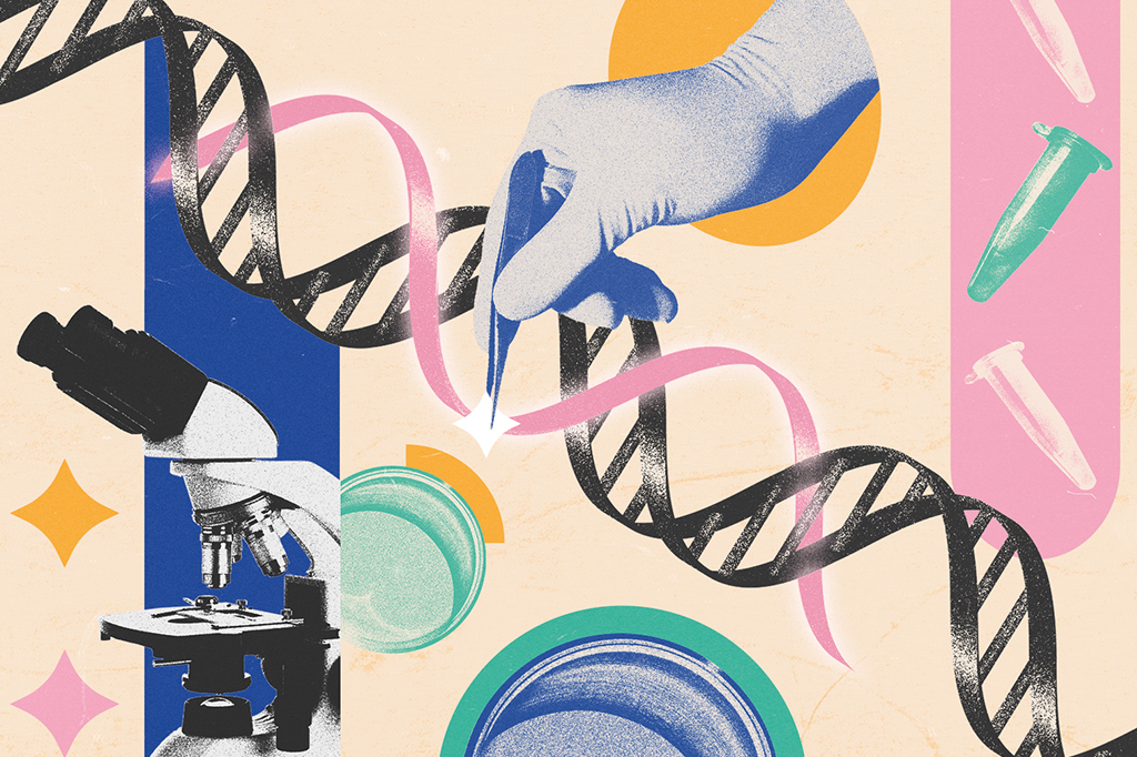 Colagem mostrando uma mão com luva colocando uma terceira hélice no DNA; microscópio; potes de petri; e alguns tubos de amostra de DNA.
