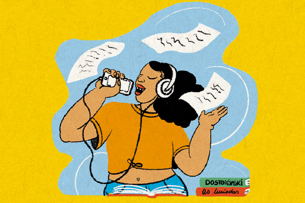 SI_453_orcl_manual1_site Ilustração de uma mulher escutando musica enquanto lê. Ao seu lado há um livro do Dostoiévski e Os Lusíadas.