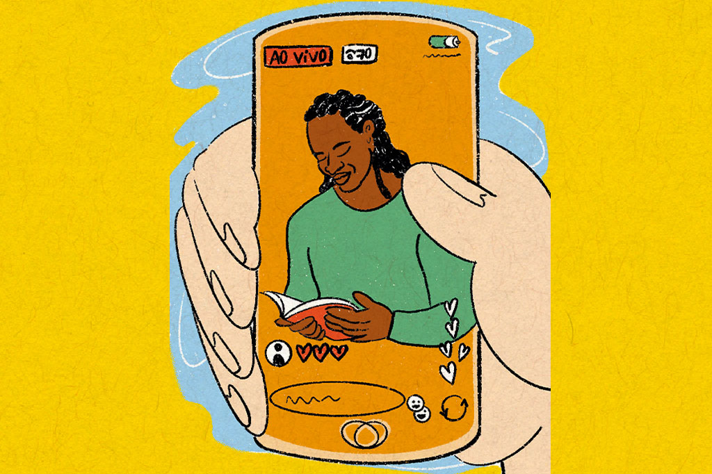 SI_453_orcl_manual2_site Ilustração de uma mão segurando o celular, na tela mostra-se uma live no instagram do autor Jericho Brown lendo um livro.