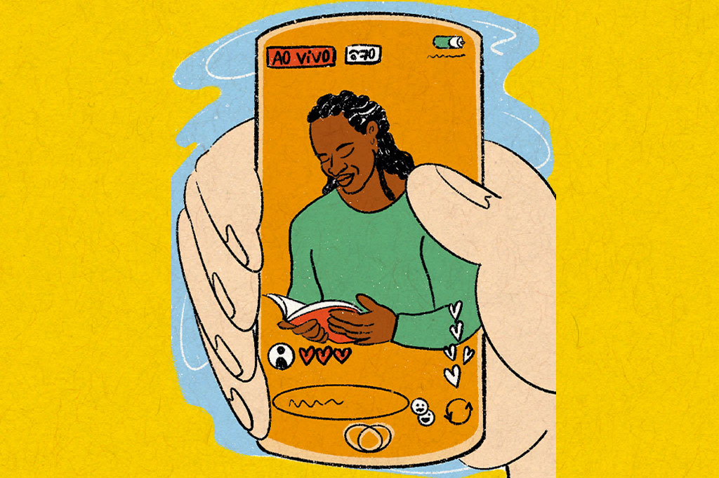 Ilustração de uma mão segurando o celular, na tela mostra-se uma live no instagram do autor Jericho Brown lendo um livro.