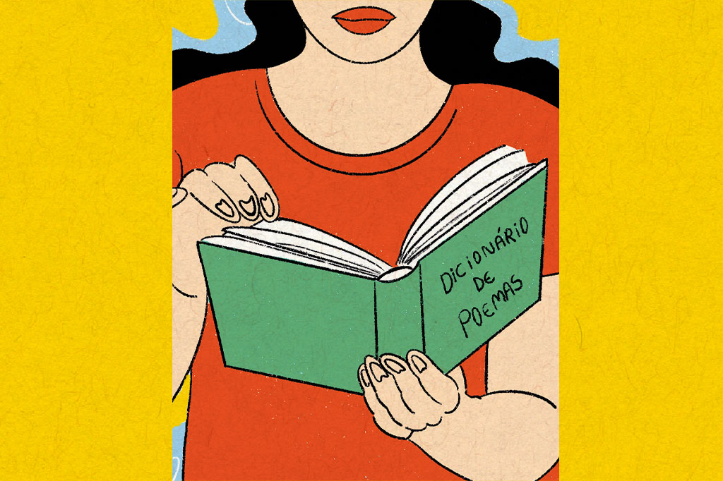 Ilustração de uma mulher segurando um dicionário e poemas.