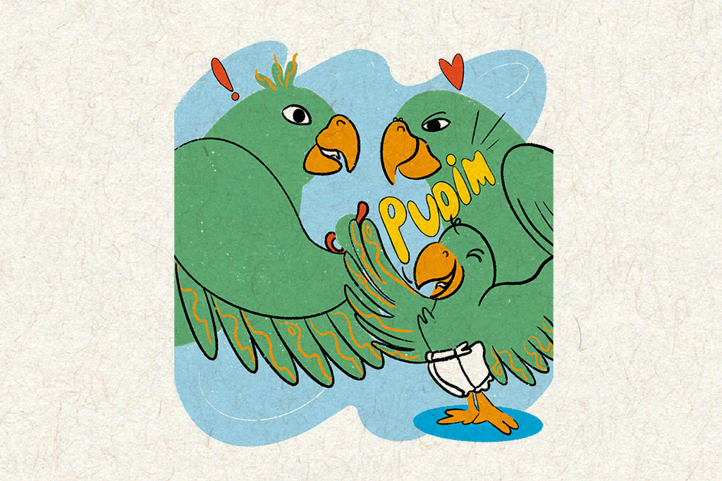 Ilustração de bebê papagaio falando "pudim" na frente de seus pais papagaios.
