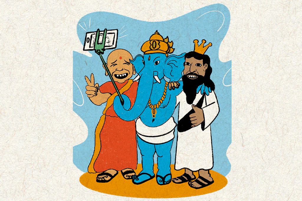 Ilustração de de Buda, Jesus Cristo e Ganesha tirando uma selfie.