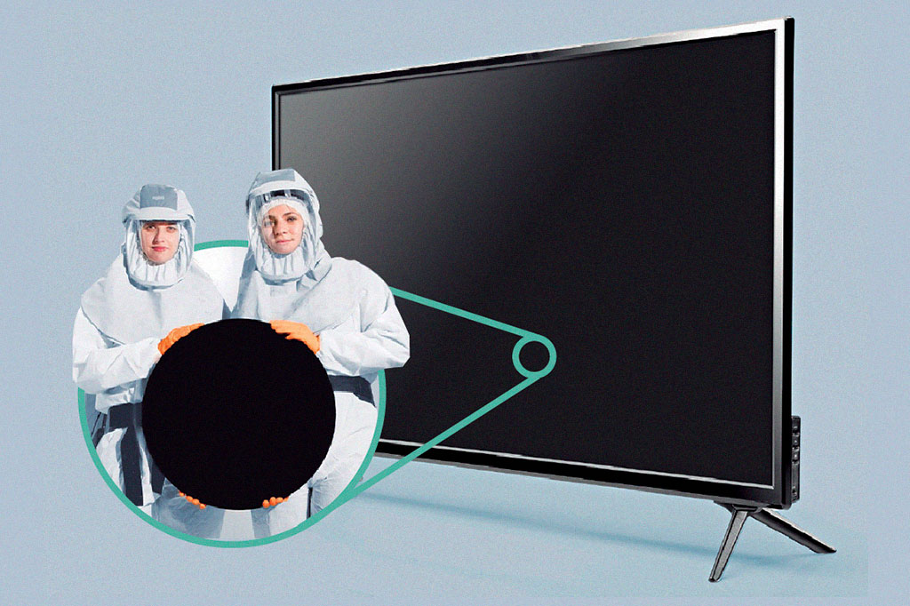 Imagem da tv OLED Philips 908 Vantablack com zoom mostrando dois cientistas segurando o material mais escuro do mundo.