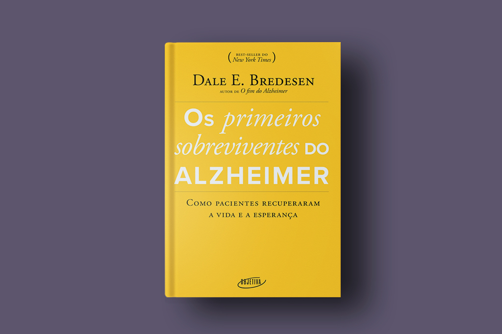 Foto do livro a Os primeiros sobreviventes do Alzheimer sobre fundo roxo acinzentado liso.
