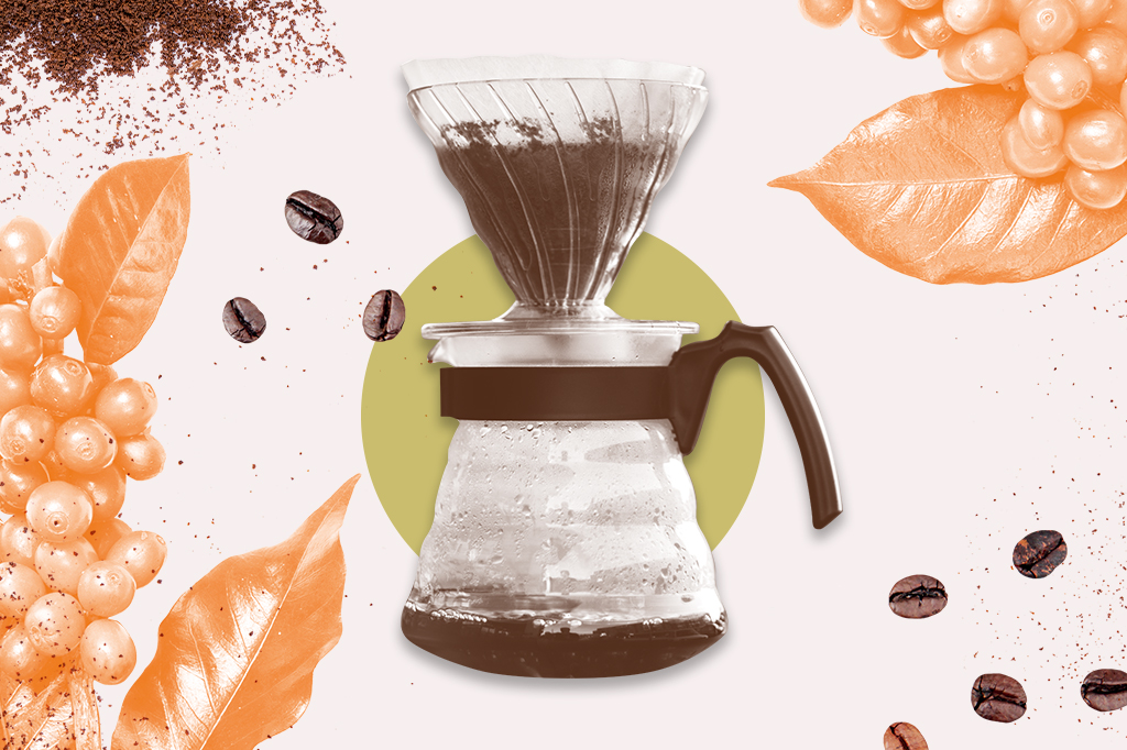 Colagem com elementos de café, em foco o método de fazer café com filtro (coado).