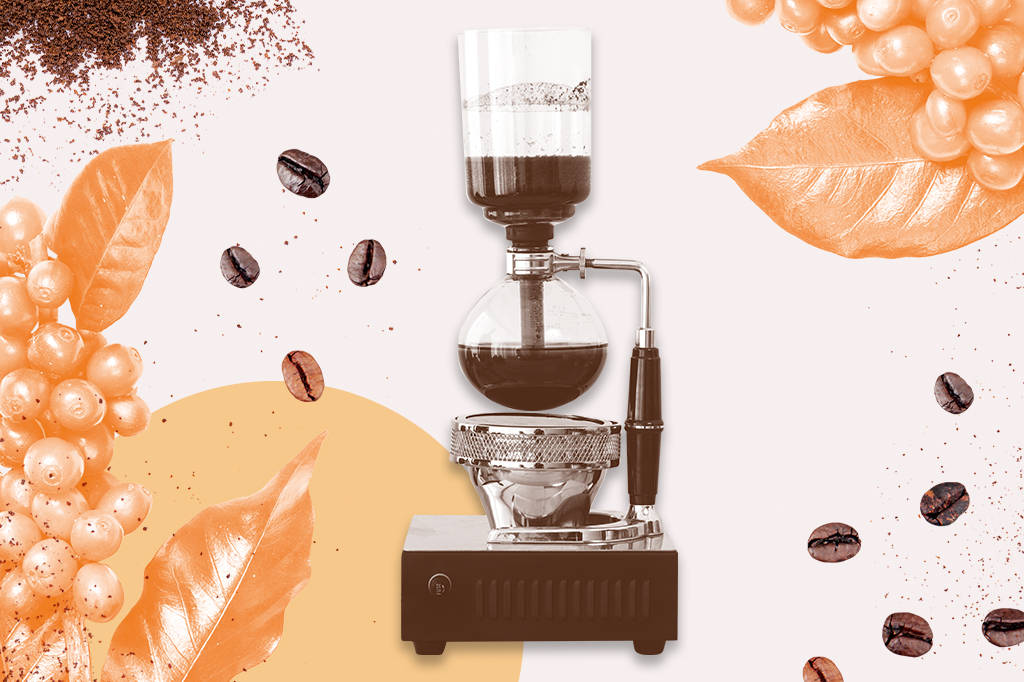 Colagem com elementos de café, em foco o método de fazer café com sifão.