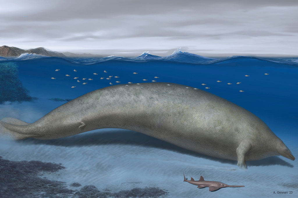 Ilustração artística de 2023 de Alberto Gennari, o Perucetus colosso é reconstruído em seu habitat costeiro, com um comprimento corporal estimado de aproximadamente 20 metros.