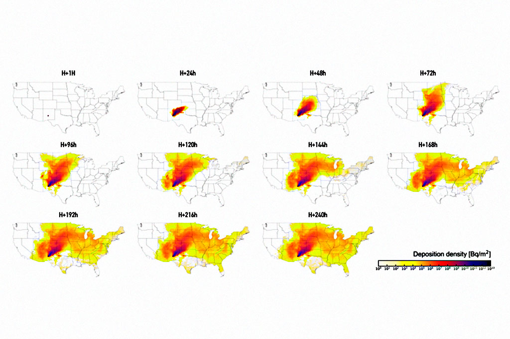 Infográfico mostrando a densidade de radiação nos Estados Unidos.
