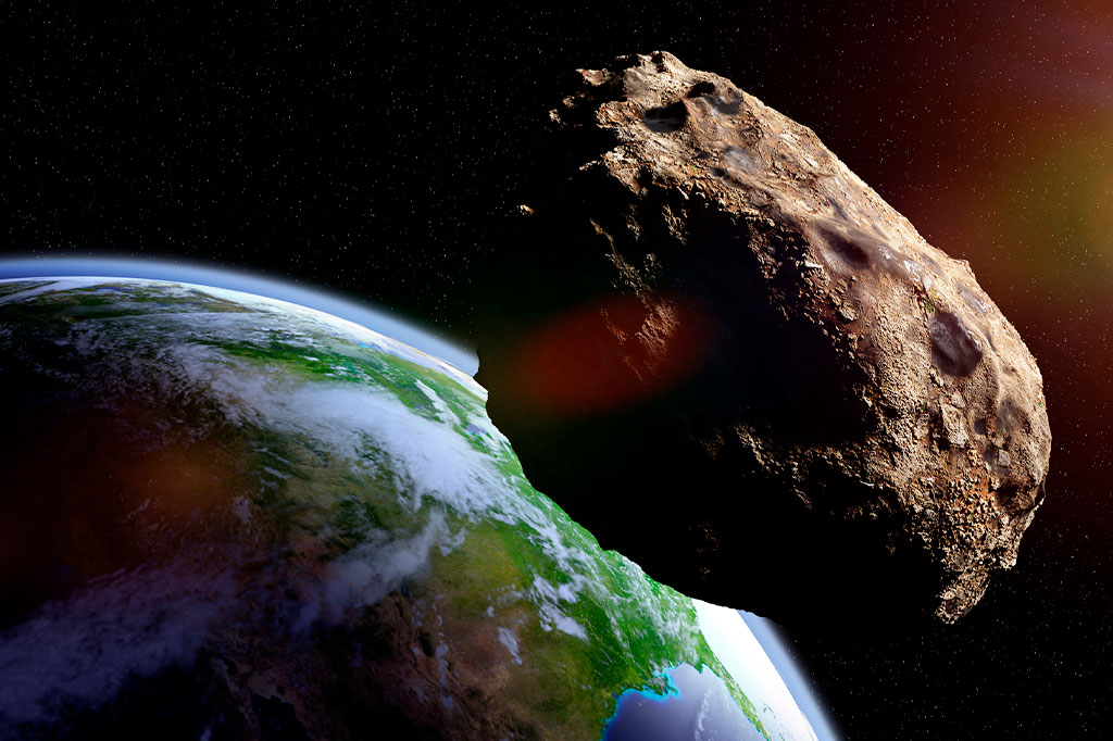 Ilustração de asteroide se aproxima planeta Terra.