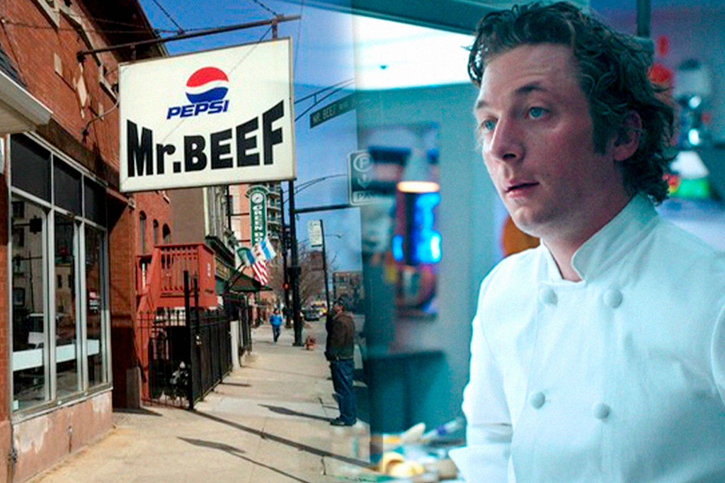 Montagem com o restaurante original Mr. Beef e o personagem Carmen em The Bear.
