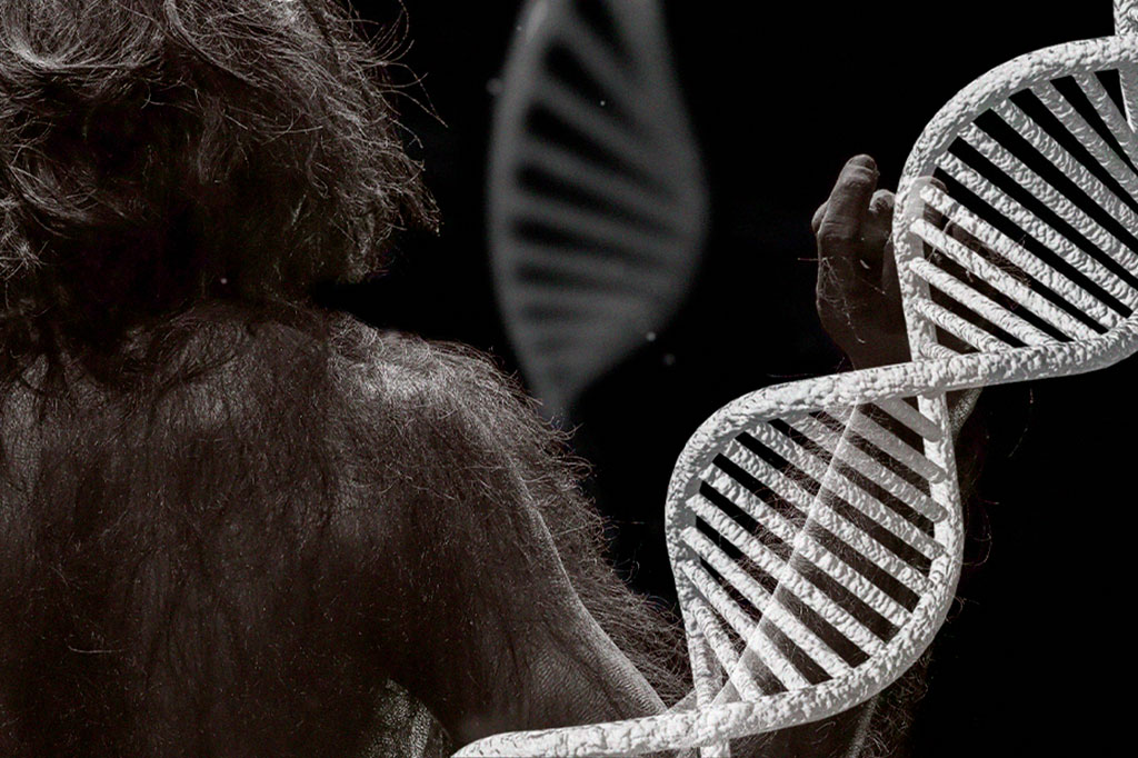 Montagem com a dorsal australopithecus e uma molécula de DNA.