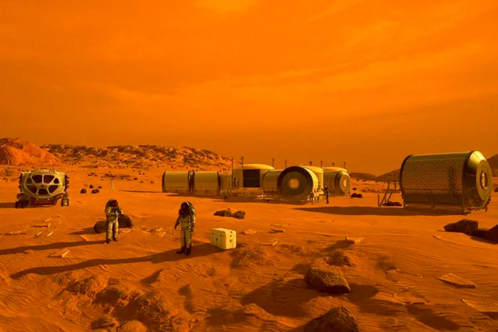 Ilustração mostrando um assentamento humano em Marte.