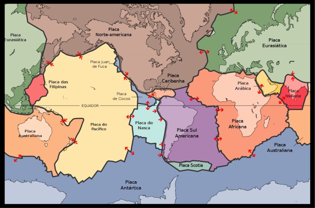 Representação das principais placas tectônicas e suas áreas abrangentes ao redor do mundo.