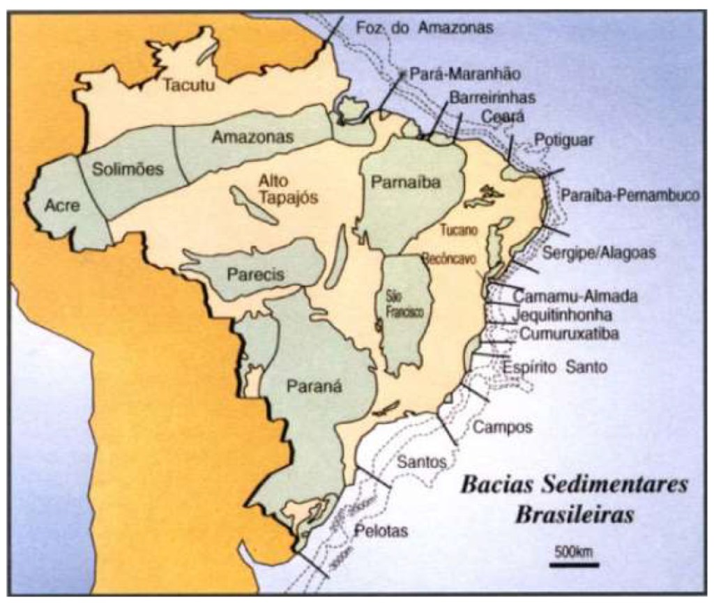 Mapa das principais bacias sedimentares/petrolíferas (onshore e offshore) brasileiras.