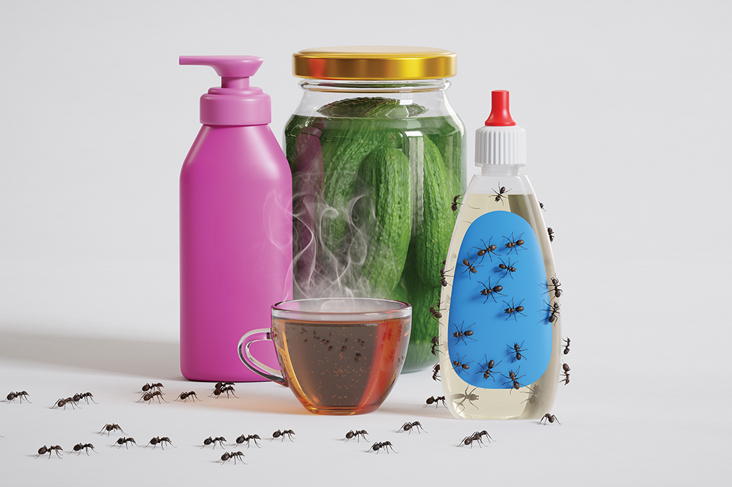 Ilustração de alguns dos produtos citados na lista de risco da IARC, sendo eles uma xícara de chá quente, uma embalagem de hidratante, picles em conserva e o próprio adoçante. Algumas formigas andam em torno deles, e sobem na embalagem de adoçante.