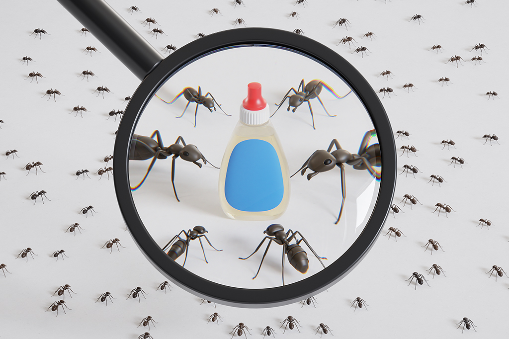 Ilustração de uma embalagem de adoçante proporcional ao tamanho das formigas.