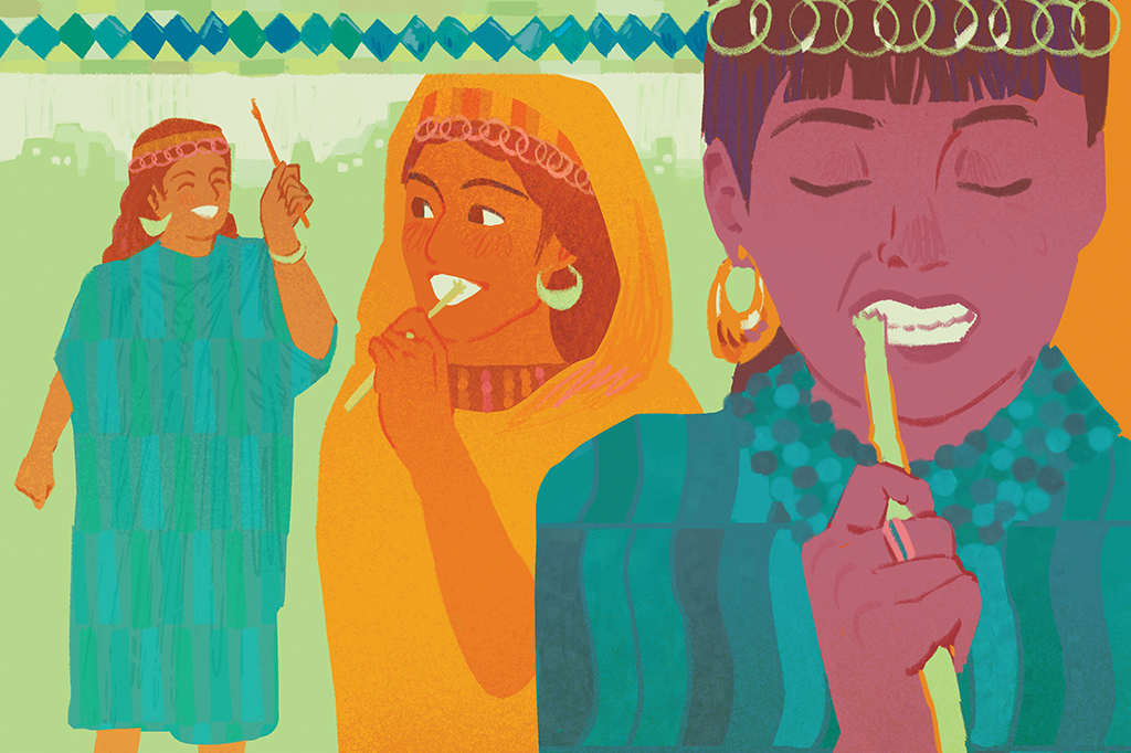 SI_454_Higiene_site-02 Ilustração de mulheres sumérias escovando os dentes com gravetos.