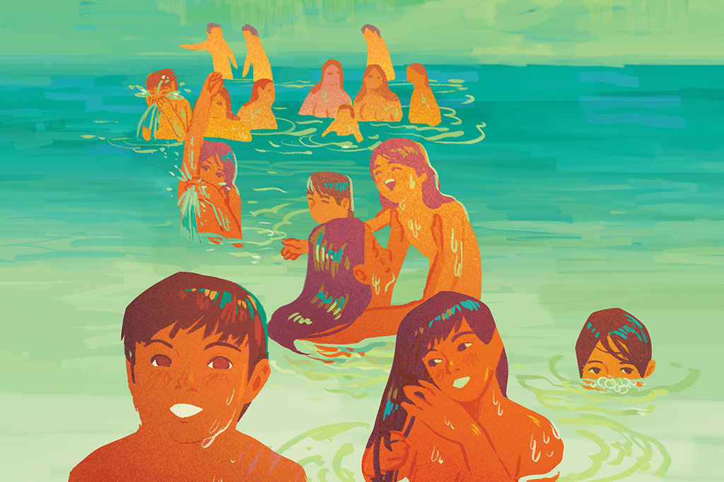 Ilustração mostrando povos indígenas se banhando em um rio.