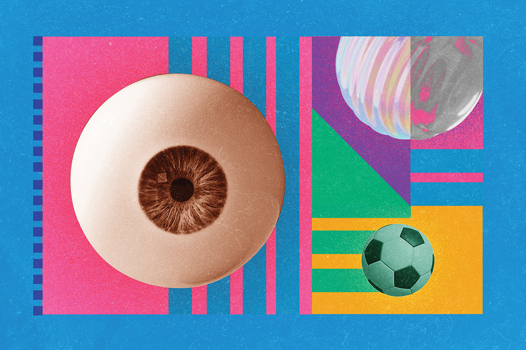 Colagem com um olho, uma bola e uma bola holográfica.