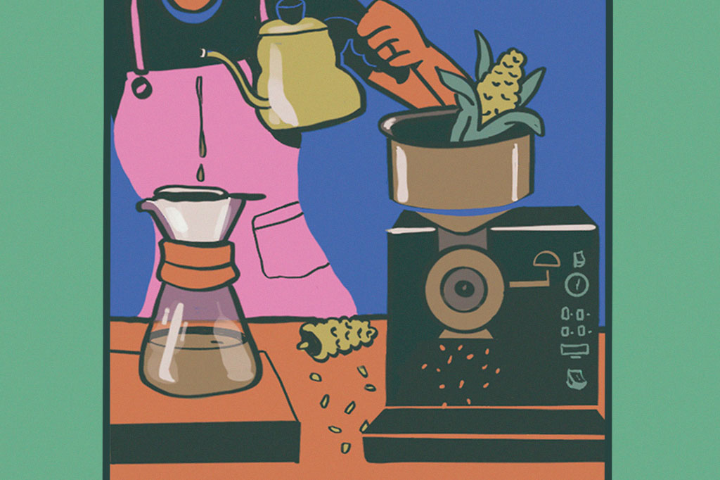 Ilustração de uma mulher passando pó de milho como se passasse café.