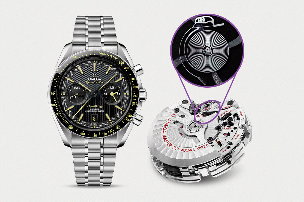 Da esquerda para direita: foto do relógio Omega Speedmaster SuperRacing; foto da caixa principal e zoom mostrando a nova mola tecnológica.