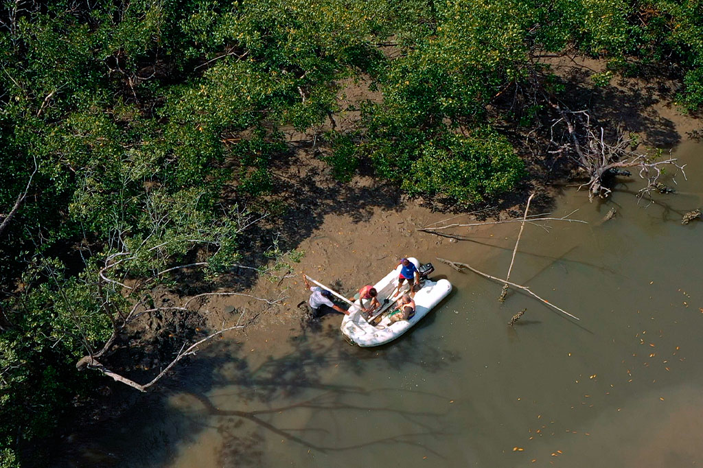 Foto de vista superior de um bote a beira do rio.