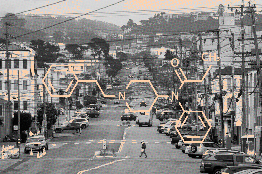 Montagem com foto de uma das ruas de São Francisco com imagem da estrutura molecular do fentanil.
