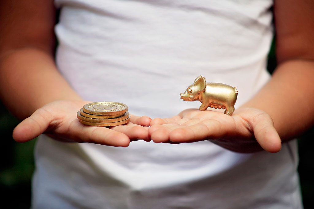 Foto aproximada das mãos de uma criança. De um lado ela segura moedas de ouro e de outro, um porco dourado.