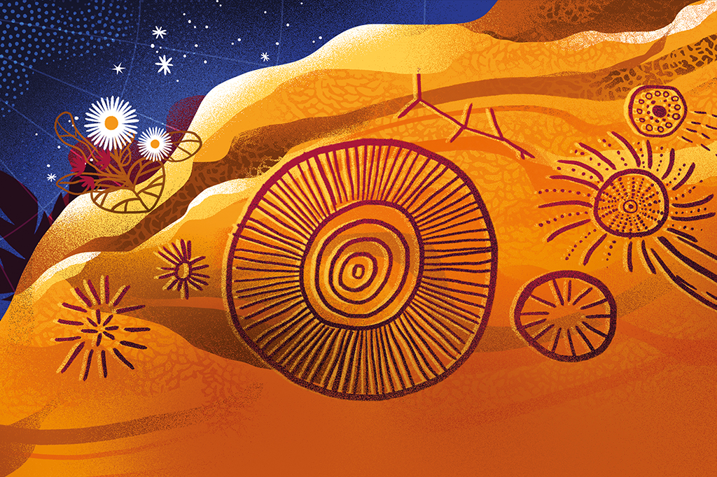 Ilustração de pinturas rupestres da Toca do Cosmos, com desenhos indígenas sobre astronomia.
