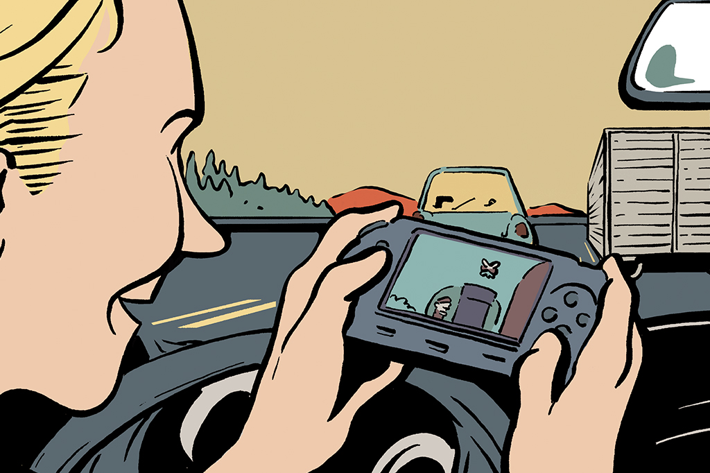 Ilustração de uma pessoa jogando videogame enquanto o carro autônomo anda sozinho pelas ruas.
