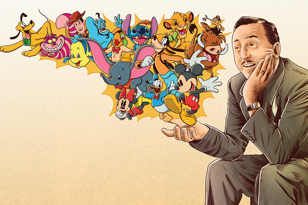 Ilustração do Walt Disney com diversos personagens do universo Disney saindo de um balão da mão dele.