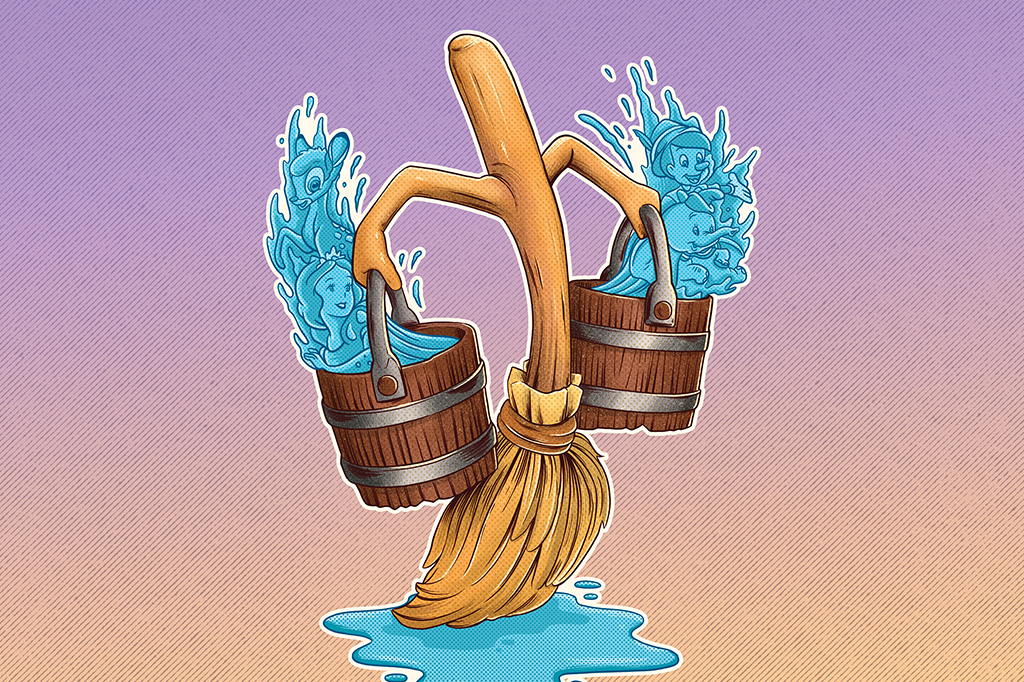 Ilustração da vassoura de Fantasia carregando dois baldes de água, derrubando a água pelo chão. Destes respingos, saem personagens da era de Ouro da Disney.