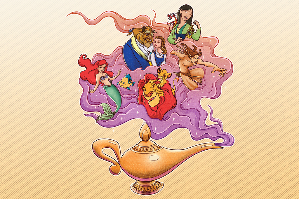 Ilustração da lâmpada do Aladdin soltando uma fumaça. Desta fumaça, saem personagens da época do Renascimento da Disney.