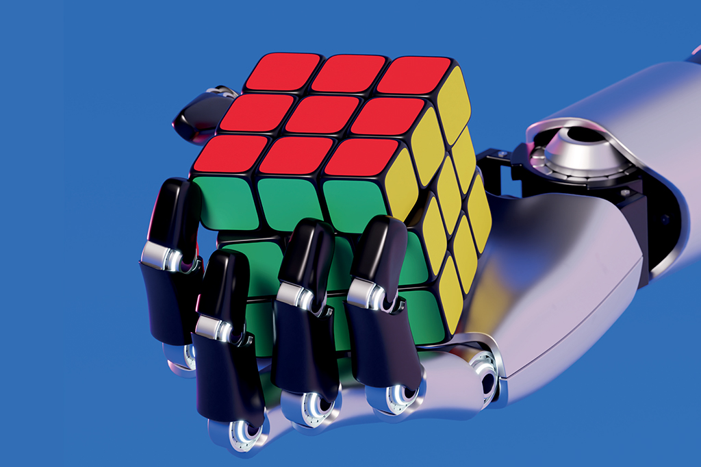 Ilustração 3D de uma mão robótica segurando um cubo mágico e resolvendo ele, deixando cada lado com uma cor.