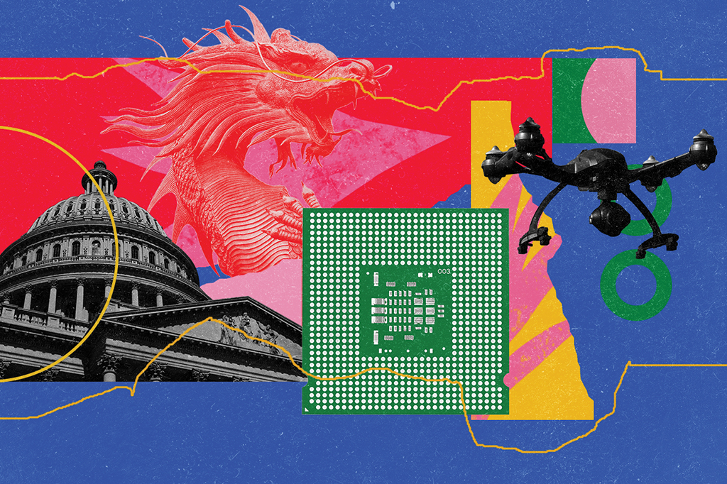 Colagem com um dragão chinês, o capitólio dos Estados Unidos, chip e drones.