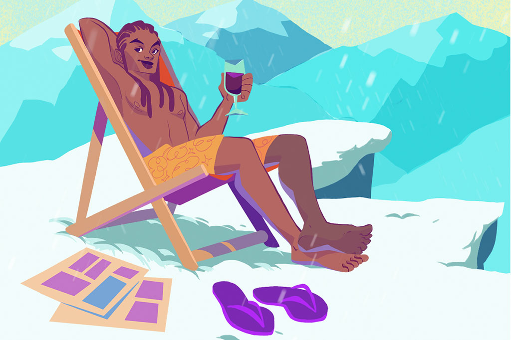 Ilustração de homem negro com roupas de verão; está relaxando no topo de uma montanha na neve, segurando uma bebida.