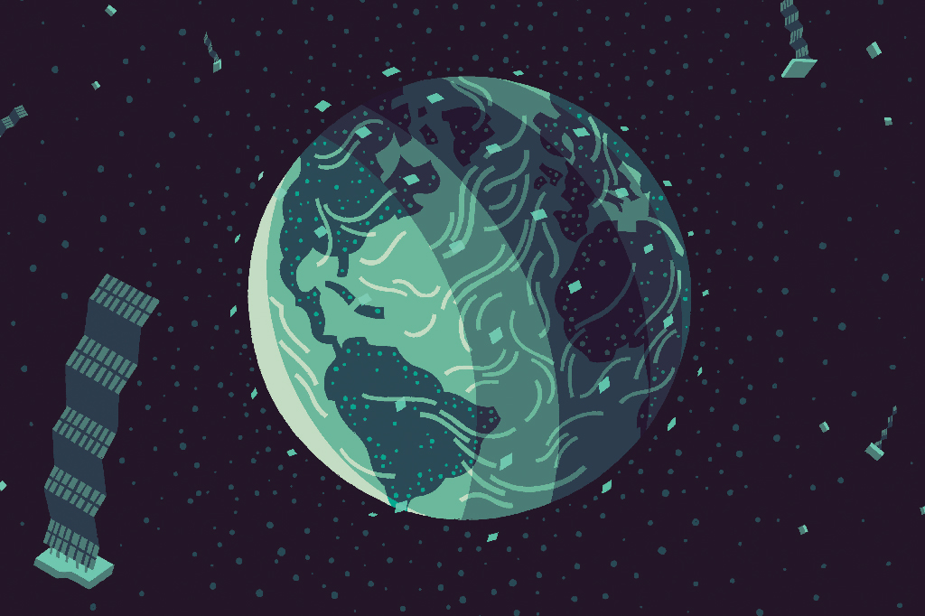 Ilustração do planeta Terra cercado por satélites da Starlink em sua órbita.