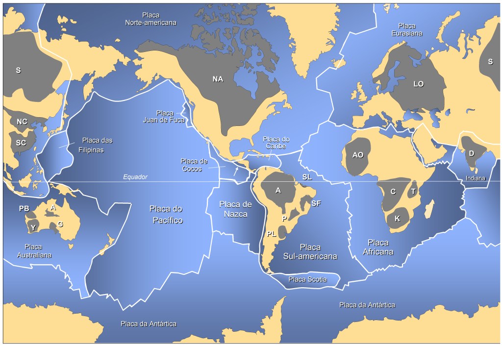 Mapa mundi com a delimitação dos crátons dos vários continentes.