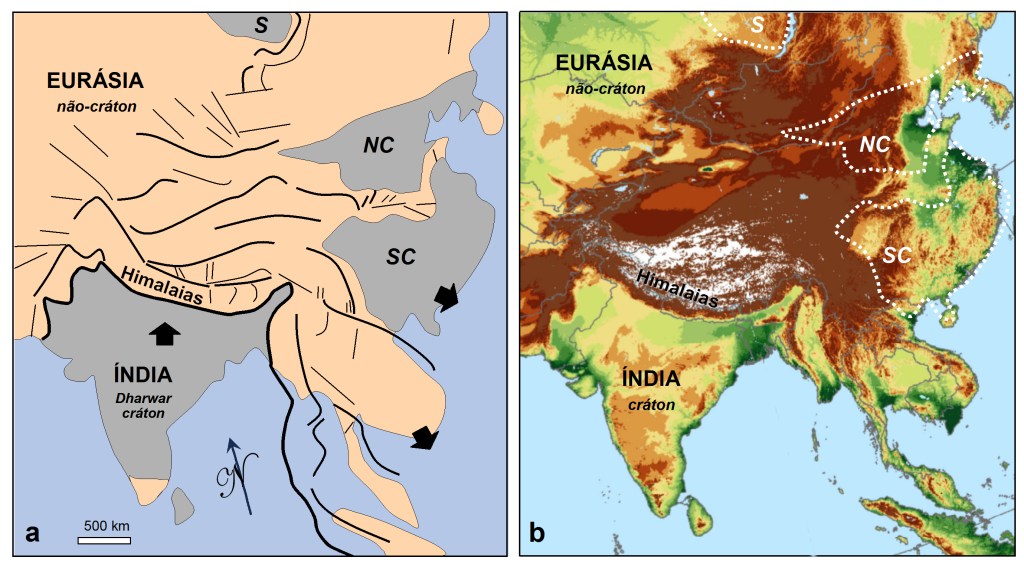 Mapa esquemático da Índia e Eurásia, mostrando os efeitos da colisão entre os continentes.