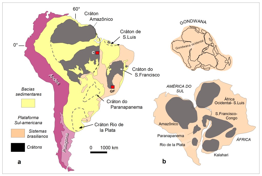 Mapa dos crátons da América do Sul.