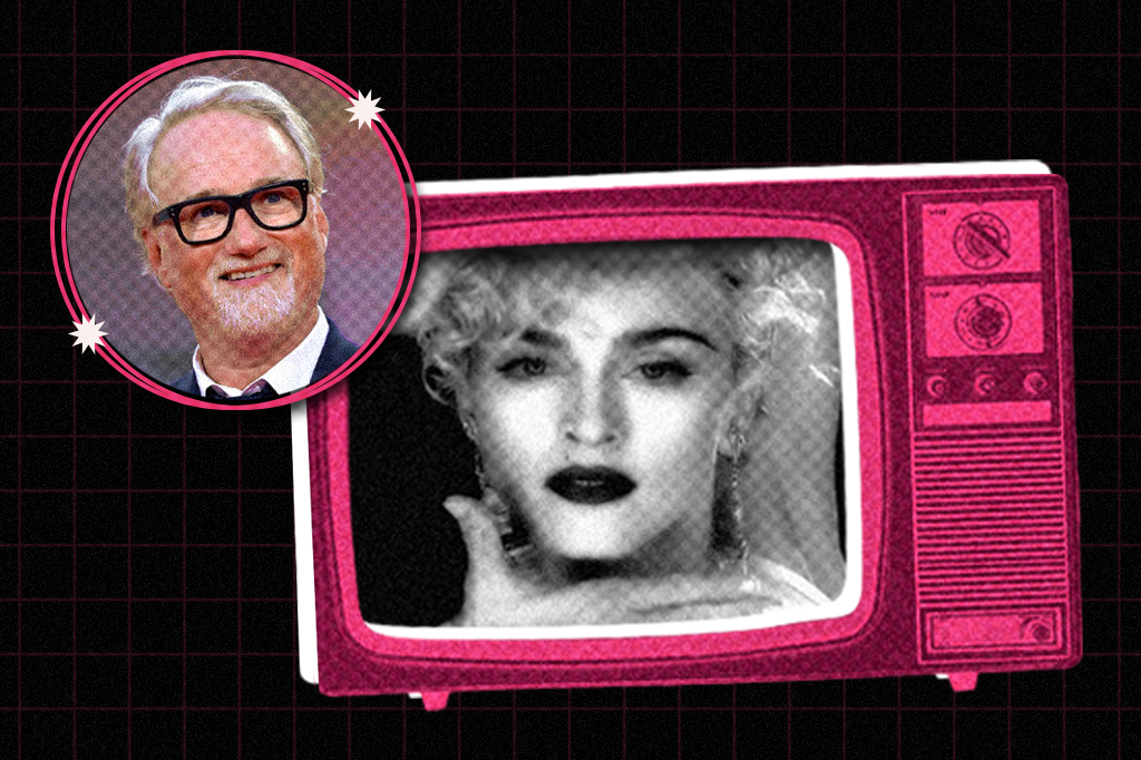 Montagem com cena do clipe da Madonna e retrato do diretor David Fincher.