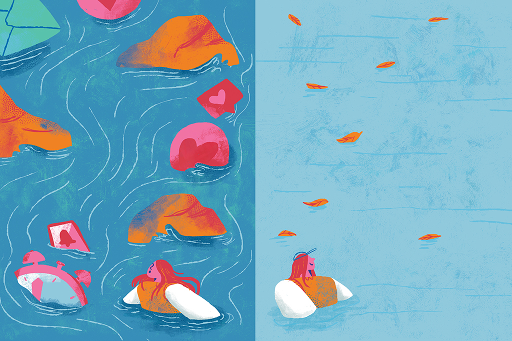 Ilustração dividida em duas cenas: uma, a personagem está em uma água movimentada, enfrentando obstáculos; na outra, ela está mais tranquila, em uma água calma, praticamente parada.