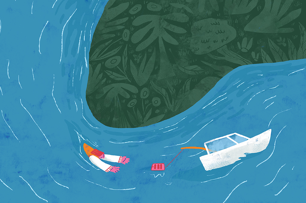 Ilustração da personagem nadando no rio, tentando alcançar uma isca, representada por um celular pendurado na traseira de um pequeno barco.