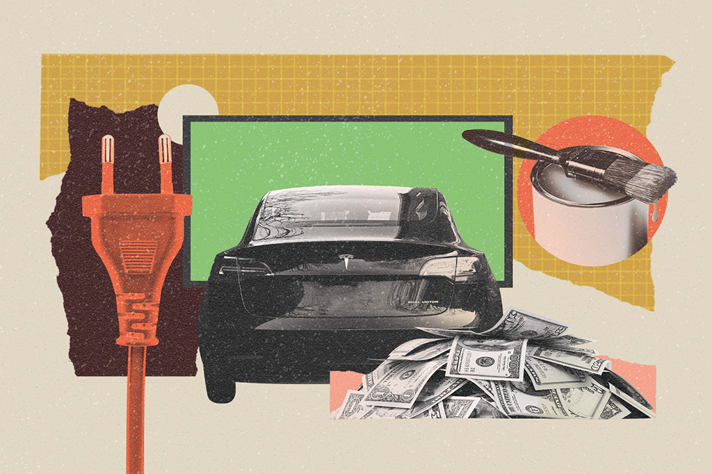 Colagem com um adaptador de tomada, carro da Tesla, uma lata de tinta e pilha de dinheiro.