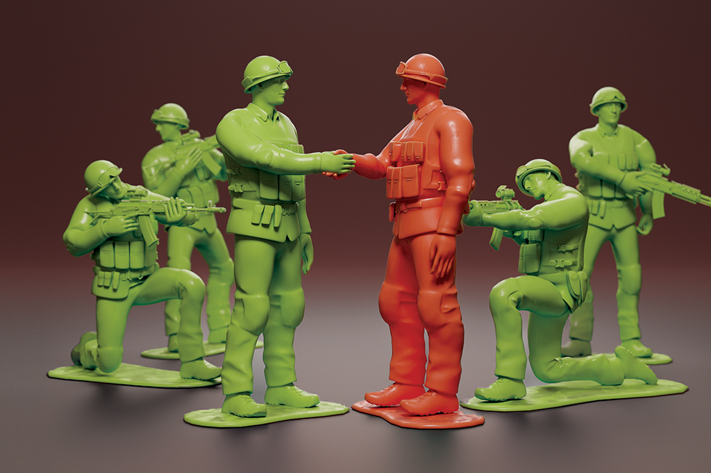 Ilustração 3D de soldados de brinquedo apertando as mãos.