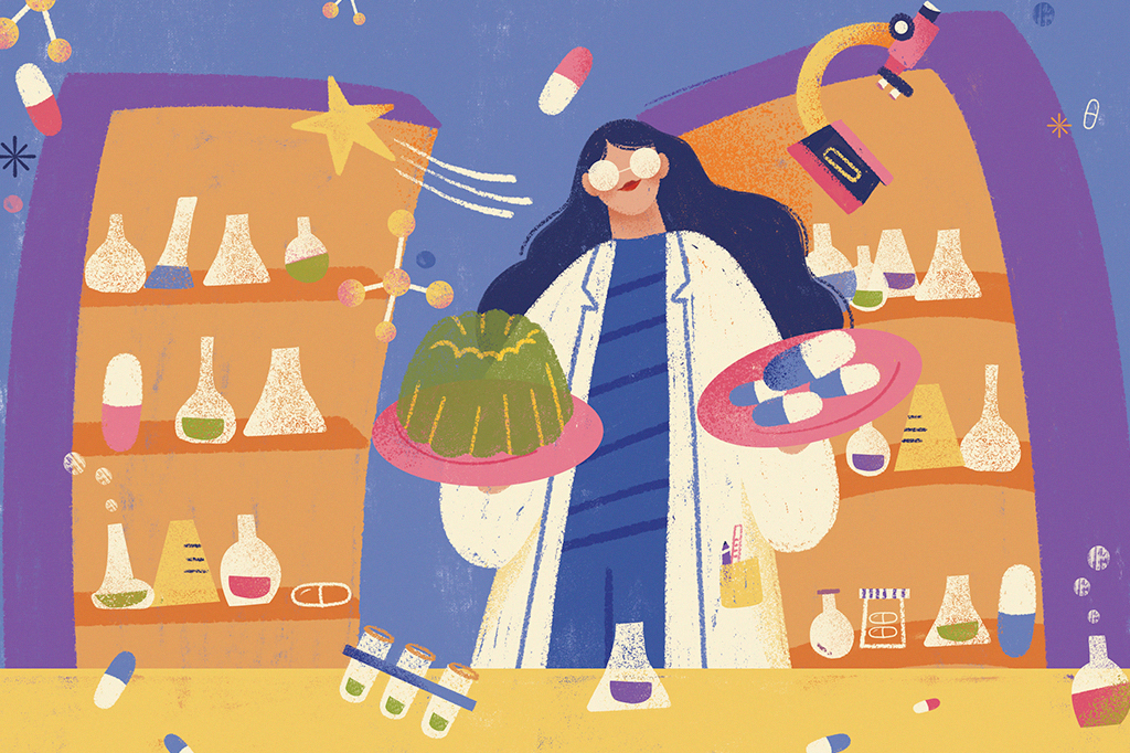 Ilustração de uma cientista que segura em uma das suas mãos um prato com gelatina e em outra, um prato com capsulas de remédio.