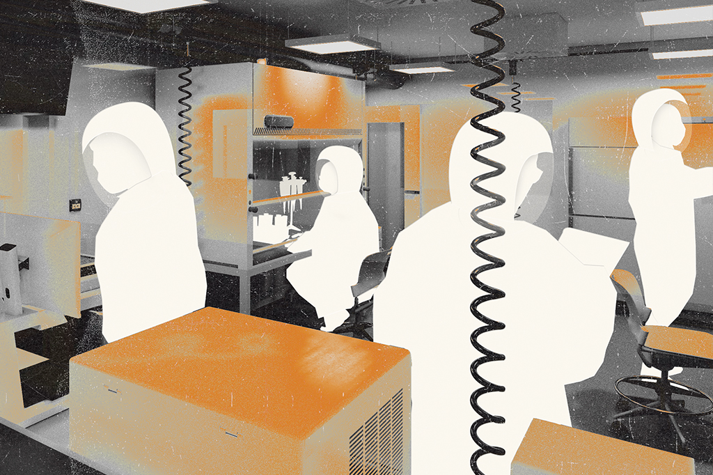 Imagem interna do laboratório de biossegurança máxima com silhuetas de cientistas trabalhando.