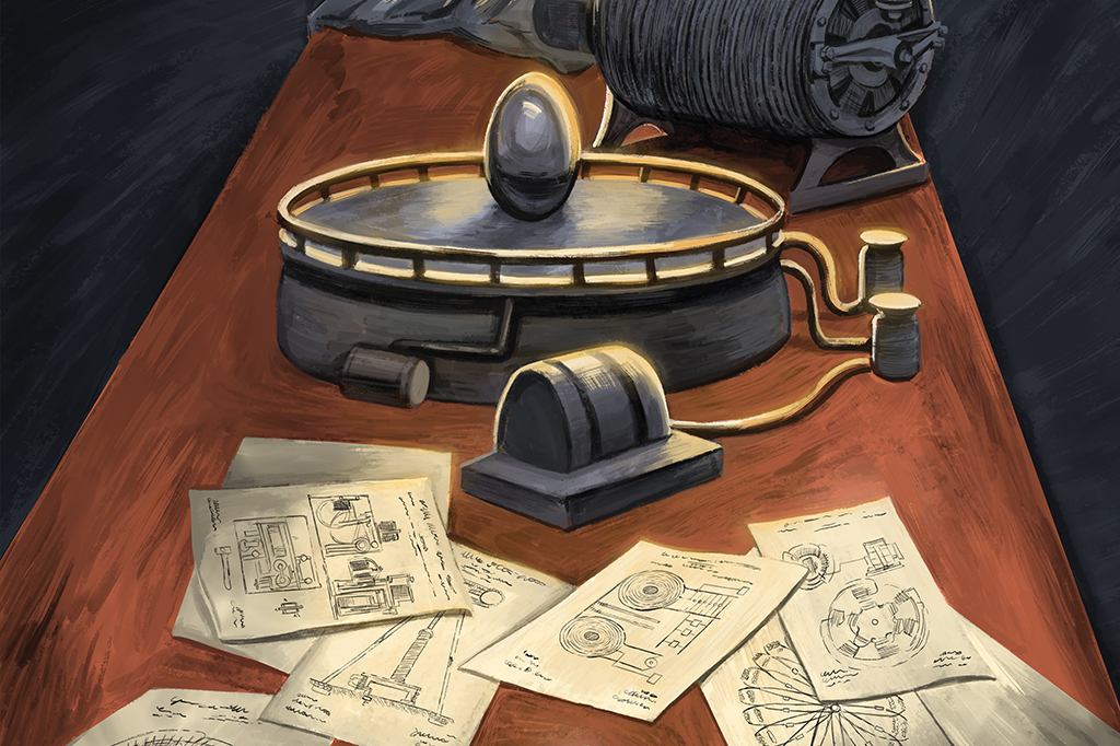 Ilustração do Ovo de Colombo de Tesla em cima de uma mesa e diversos papéis espalhados por ela com a planta de outras invenções do Tesla.