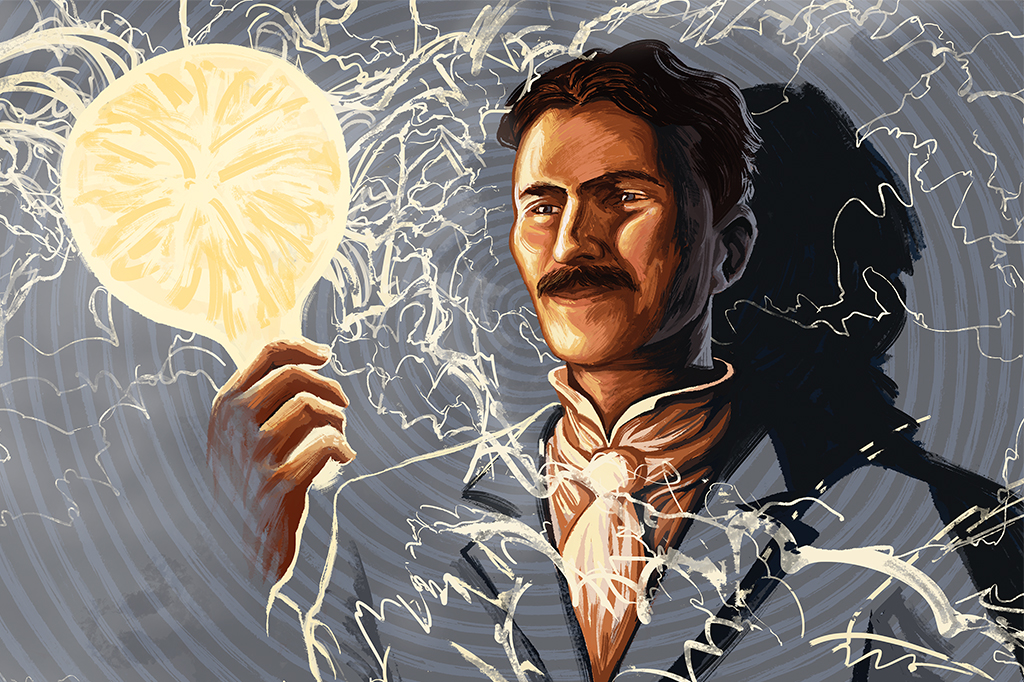 Ilustração do Nikola Tesla segurando uma lâmpada acesa.